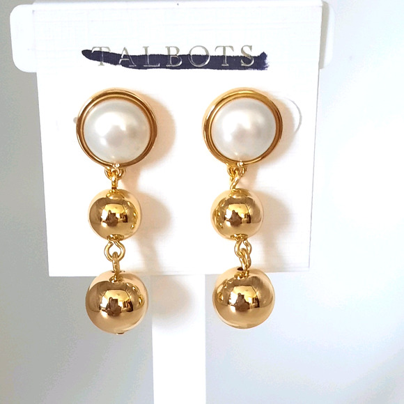 Talbots NWT Pearl and Gold Tone Ball Dangle Drop Earrings Pierced NWT - Picture 1 of 5